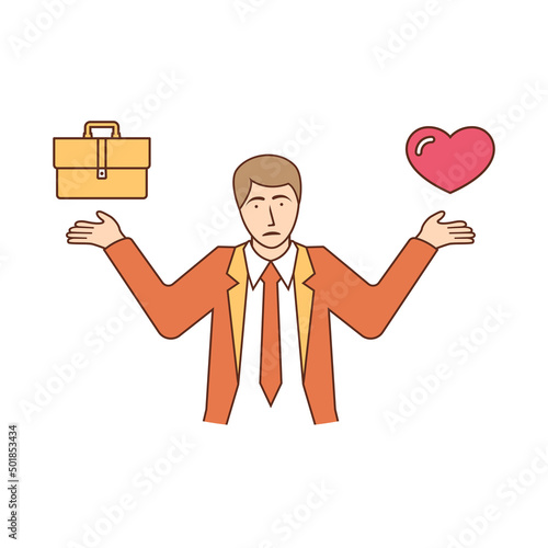 Balance of love and work. Businessman chooses between love and money. Holding heart and earnings. Vector illustration flat design. Isolated on white background. Career and lifestyle.