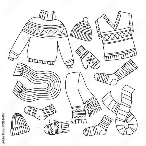 Knitted and crochet scarf, socks, mittens, sweater, hat, vest in doodle. Wool handmade clothes. Set of isolated vector illustrations in sketch hand drawn style