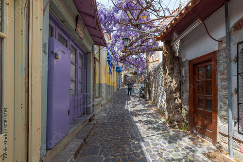 Molyvos street  view in Lesvos Island of Greece