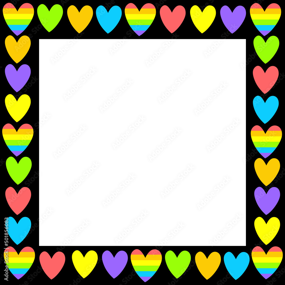 Vector square frame, border from color and rainbow hearts. LGBT