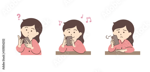 スマホを持つ女性のシンプルなイラストセット_B04【ロングヘア】