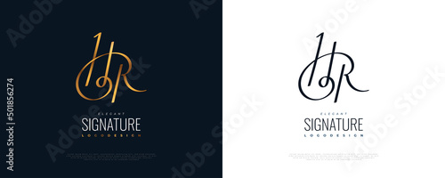 HR Initial Signature Logo Design in Gold Handwriting Style. Initial H and R Logo Design for Wedding, Fashion, Jewelry, Boutique and Business Brand Identity