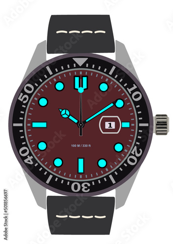 Metal wristwatch with leather band and maroon colored dial and glowing clock hands, vector illustration