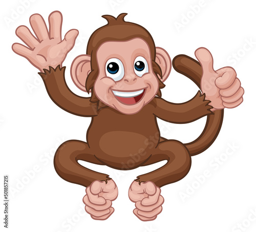 Monkey Cartoon Animal Waving and Giving Thumbs Up