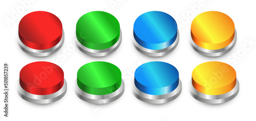 3D shinny glossy circular push button icon collection set with metal frame. Red, green, blue, and yellow colors. On off illustration vector symbol. front perspective view.