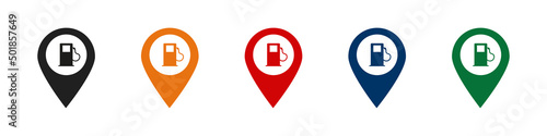 Map pointer of different colors with gas station icons.  Vector illustration. eps10
