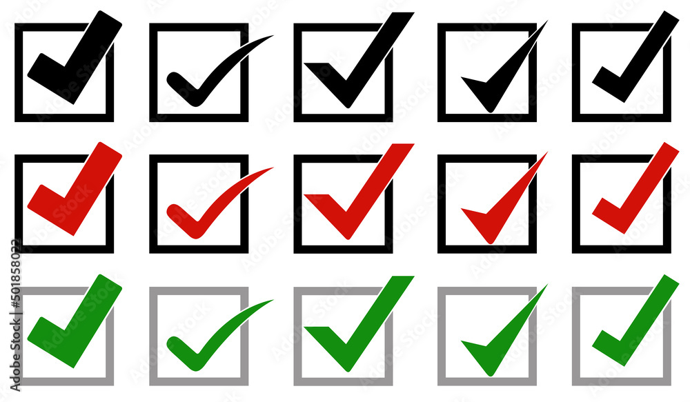 Illustration of different check mark icons in boxes isolated on white Illustration of different check mark icons in boxes isolated on white
