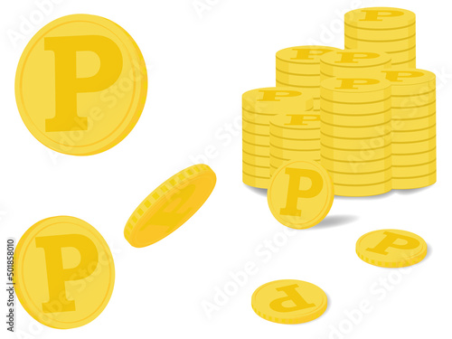 Pマークのコイン、積みあがったポイント金貨の3Dイラスト