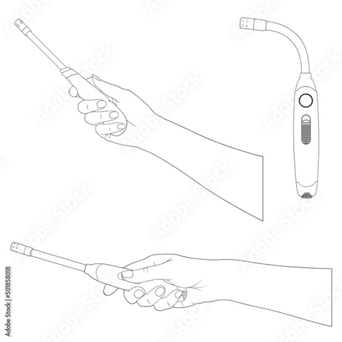 Set of hands holding a different gas lighter guns isolated on white