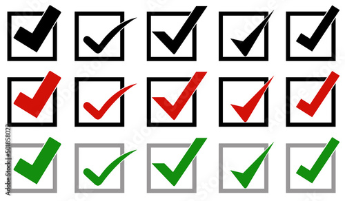 Illustration of different check mark icons in boxes isolated on white