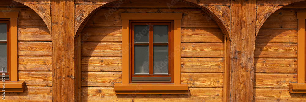 Panoramic image of a restored traditional wooden house in Lusatia. Saxony. Germany Panoramic image of a restored traditional wooden house in Lusatia. Saxony. Germany