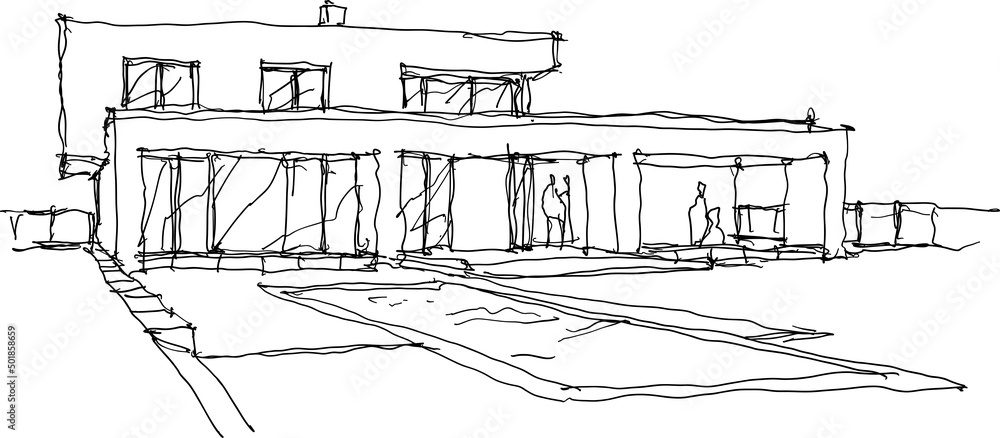 hand drawn architectural sketches of modern one story detached house with garden  and swimming pool
