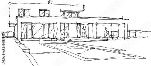 hand drawn architectural sketches of modern one story detached house with garden  and swimming pool
