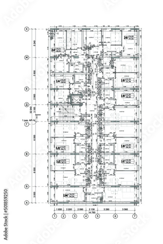 Apartment building detailed architectural technical drawing, vector blueprint floor layout