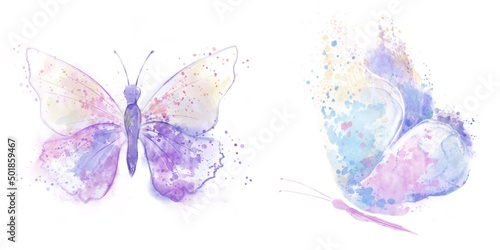 Fototapeta Set of two abstract butterflies with beautiful wings, with blotches and splashes on an isolated white background. Watercolor illustration for designers, typography, books, cards, for printing products