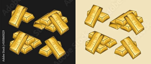 Isolated stacks of bars of pure gold, 1000 g. Vintage vector illustration.