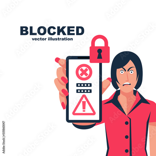 Account blocking. Loss of access. Frightened girl with a phone in hands. Locked account. Personal data under the threat. Vector illustration flat design. Isolated on white background.