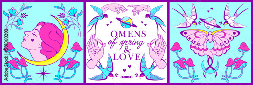 Bright crazy celestial spring posters. Mystery prints with witch, fairy birds and butterfly, sacred graphic elements. Spring creatures and blooming florals