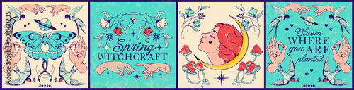 Old Floral and Celestial vector square posters and stickers for social media posts. Vintage Boho Tarot mystery card. Witchcrafts graphic: diamonds and stars, moon, birds and moth, goddess