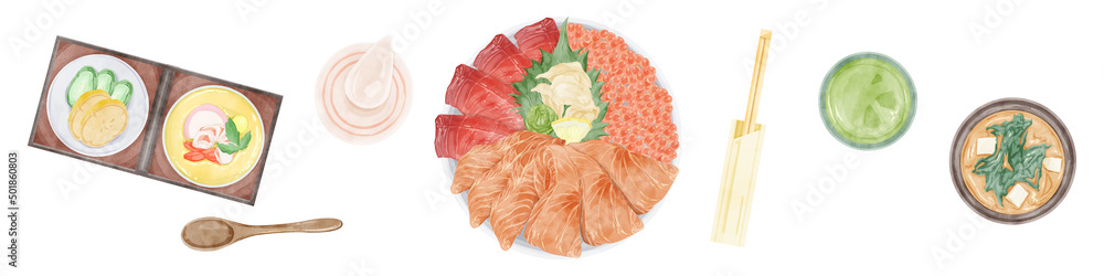 上から見た海鮮丼の手描き水彩風イラスト Stock ベクター Adobe Stock 上から見た海鮮丼の手描き水彩風イラスト Stock ベクター Adobe Stock