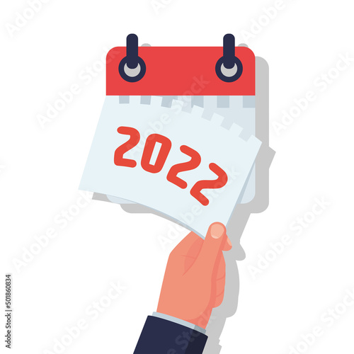 Goodbye 2022. A businessman tears off a calendar sheet of the outgoing year. Parting with coming year. Vector illustration flat design. Isolated on white background.