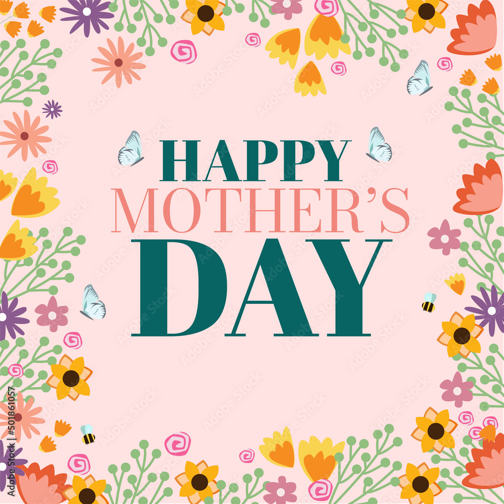 Happy Mother's day grreting card with floral ornament on pink background