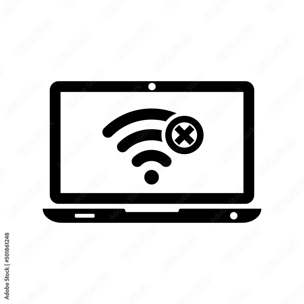 No connection laptop. Wi-fi sign with off signal. No internet symbol. Vector illustration flat design. Isolated on white background. Wi-fi pictogram. No connection laptop. Wi-fi sign with off signal. No internet symbol. Vector illustration flat design. Isolated on white background. Wi-fi pictogram.