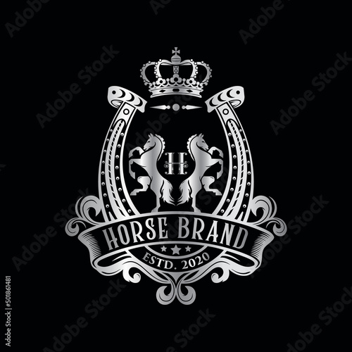 Silver Horse Crest or Emblem Logo. Heraldic logo template.  design concept.