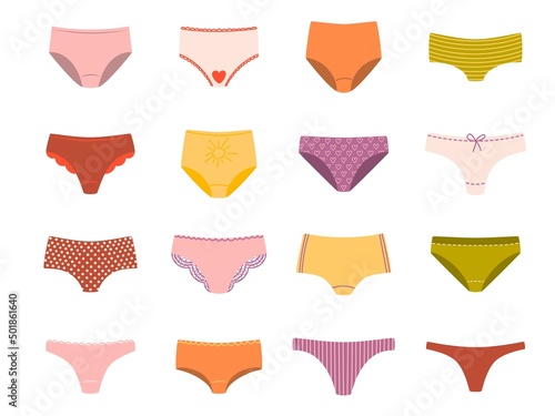 Collection of various woman's underpants. Colorful pants set. Modern flat vector illustration isolated on white background