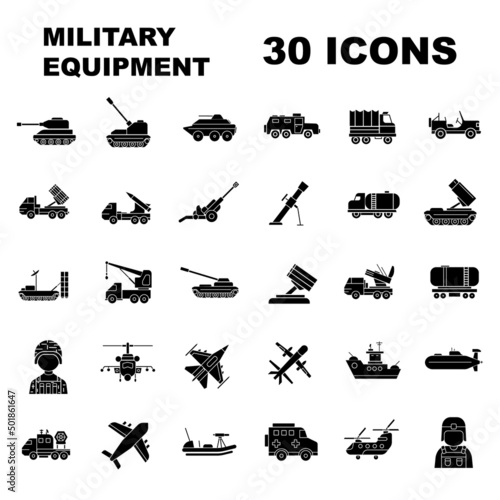 set of 30 fill army web icons. military vehicles   planes and boats.