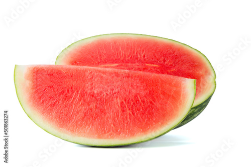 Watermelon Sonya Plus, which is cut in half, can see the red meat, fine. isolated on white background.(photoshoot in the studio)