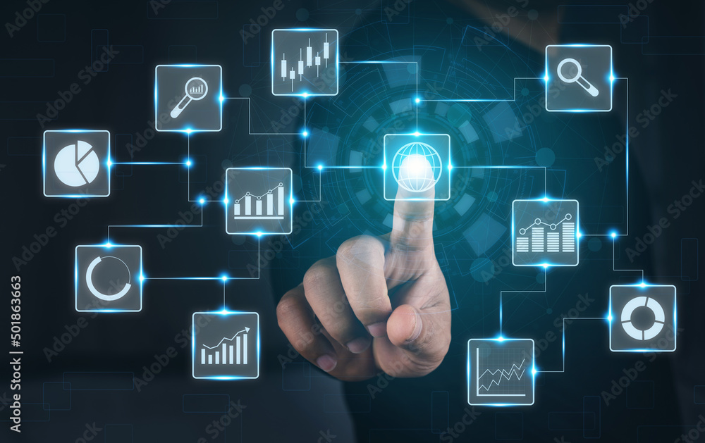 Man touching stock market virtual icons. Business man using Big data for analytics and business intelligence (BI) with chart and graph icons on a digitals screen interface. Online digital and market. Man touching stock market virtual icons. Business man using Big data for analytics and business intelligence (BI) with chart and graph icons on a digitals screen interface. Online digital and market.