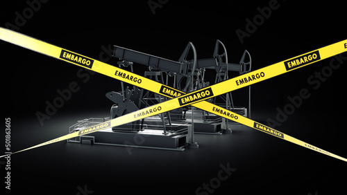 3D Render conceptual shot of an pump jack and ribbons with embargo inscription on it on foreground.