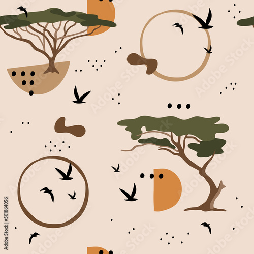 Seamless pattern with trees in African nature. Abstract modern style. Vector, illustration.