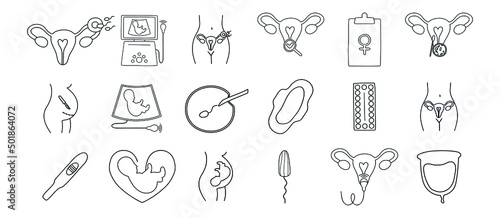 Gynecology and obstetrics icons set. Ultrasound, check up, artificial fertilization, gynecological surgery, birth control pills, menstruation. Ultrasound, artificial fertilization, pregnancy, fetus. photo