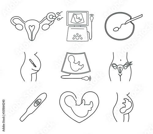 Obstetrics icons set. Ultrasound, artificial fertilization, pregnancy, fetus, cesarian section, intrauterine insemination, pregnancy test, embryo in woman's belly, embryo on ultrasound. 