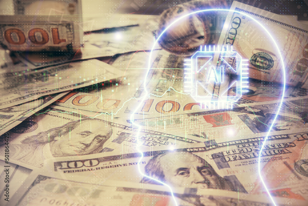 Double exposure of brain drawing over us dollars bill background. Technology concept. Double exposure of brain drawing over us dollars bill background. Technology concept.