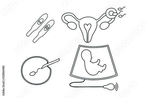 Obstetrics icons set. Ultrasound, artificial fertilization, pregnancy, fetus, intrauterine insemination, pregnancy test.