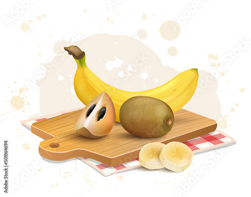 Sapodilla and banana vector illustration on wooden chopping  board