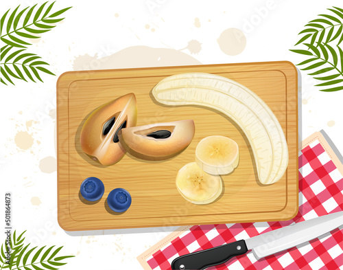 Sapodilla fruit  vector illustration with a peeled banana on wooden chopping board from the top view 