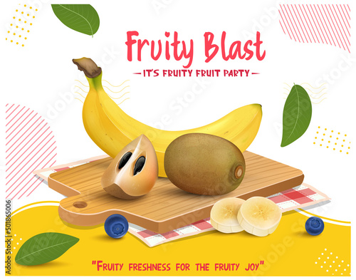 Sapodilla  and banana Fruit vector illustration on wooden chopping board