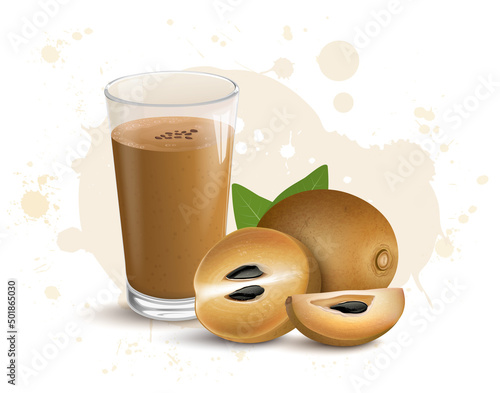 Sapodilla Fruit and Sapodilla slices vector illustration with Sapodilla  shake
