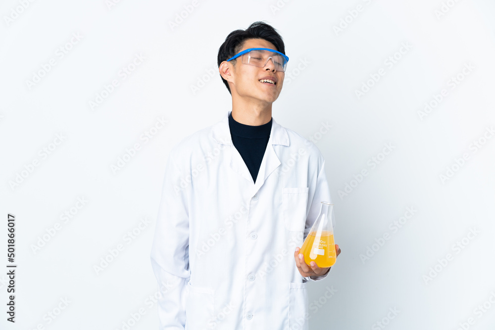 Young Chinese scientific man isolated on white background laughing Young Chinese scientific man isolated on white background laughing