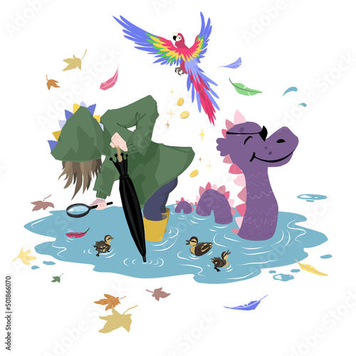 An inquisitive child having fun outdoors, standing in a big puddle of water using their imagination to invent a free play pirate adventure.