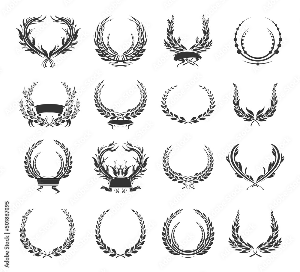 Set of laurel wreaths and ribbons. Collection of award or victory signs. Heraldry emblem. Black color. Vector  illustration. - obrazy, fototapety, plakaty 