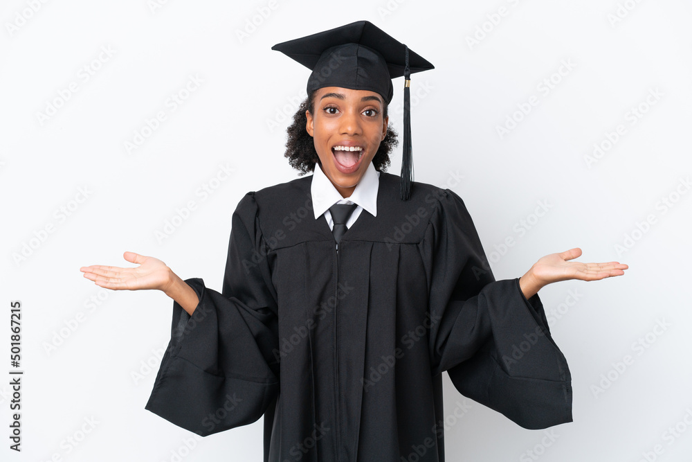 Young university graduate African American woman isolated on white background with shocked facial expression Young university graduate African American woman isolated on white background with shocked facial expression