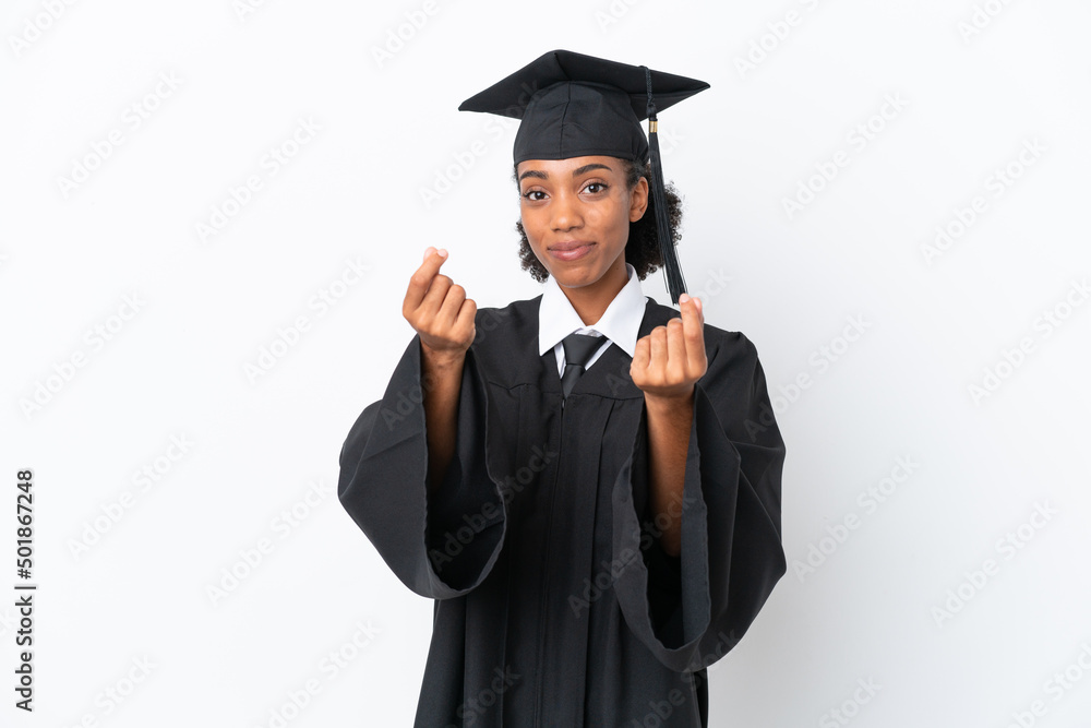 Young university graduate African American woman isolated on white background making money gesture Young university graduate African American woman isolated on white background making money gesture
