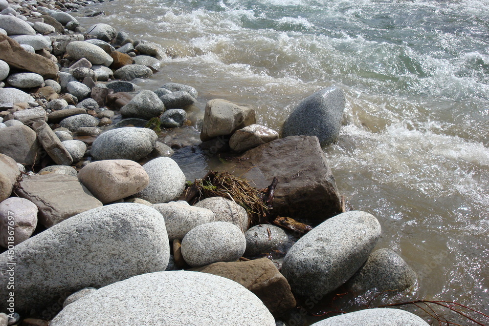 Kamienie przy brzegu rzeki - obrazy, fototapety, plakaty 