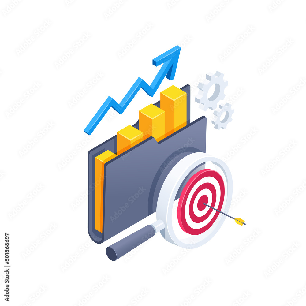 isometric vector illustration isolated on white background, business icon from a set of elements, a folder with a chart and a magnifier with a target, analytical data isometric vector illustration isolated on white background, business icon from a set of elements, a folder with a chart and a magnifier with a target, analytical data