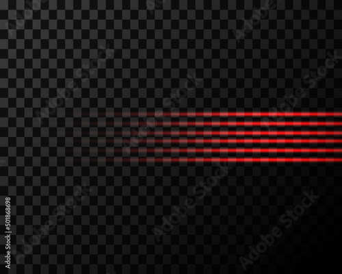 Red lines, stripes, glowing rays on a transparent background. Neon light line. Laser beams, bright burning glare.